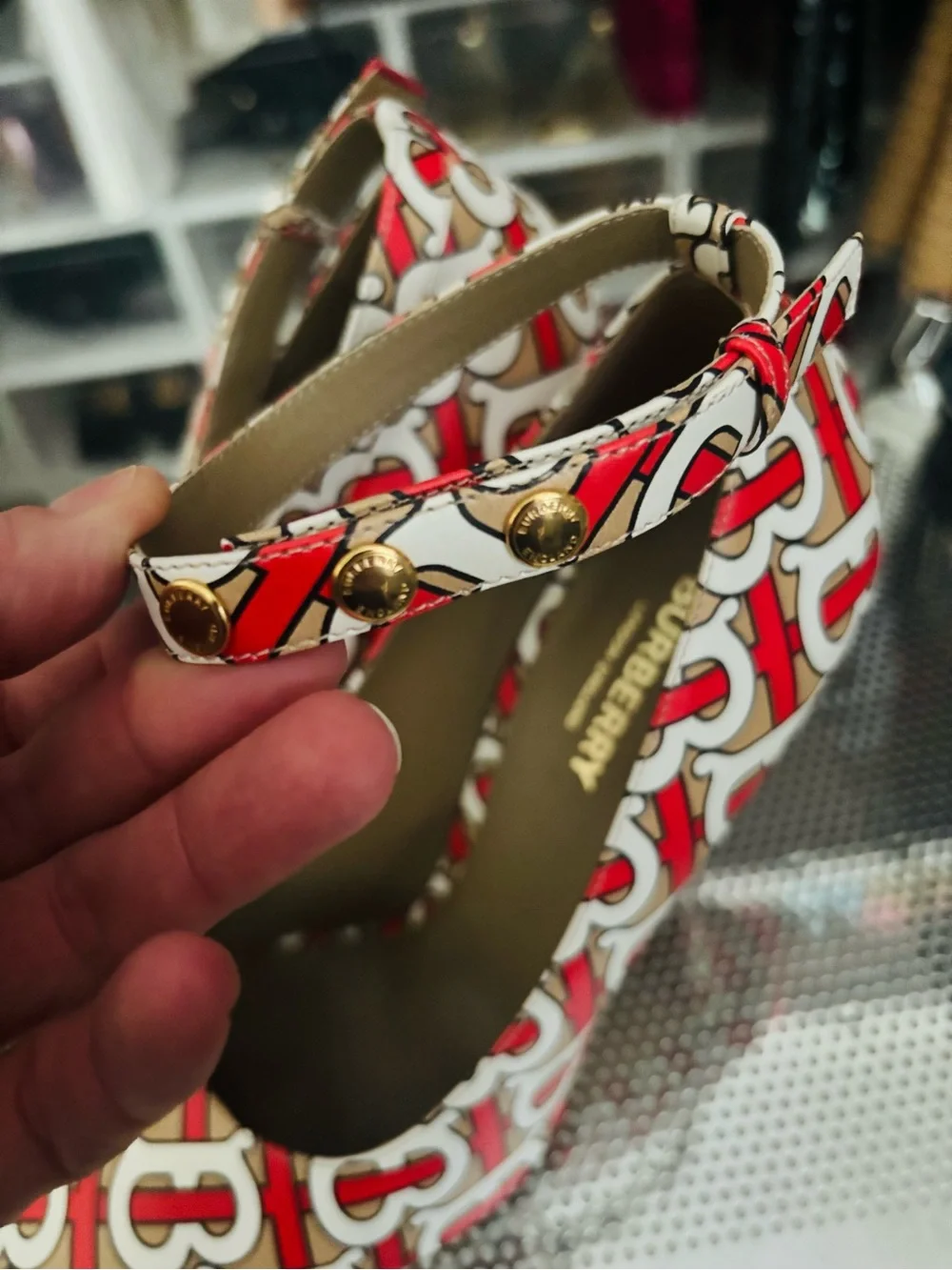 Burberry Red and White Logo Print Ankle-Strap Pumps